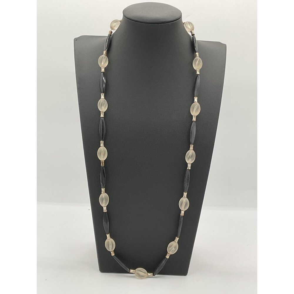 Vintage Black Clear Beaded Necklace 15" Drop Silver Tone Accents